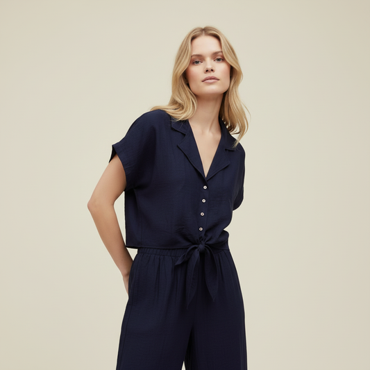 Blusa a maniche corte - Marrone, Blu, Bianco