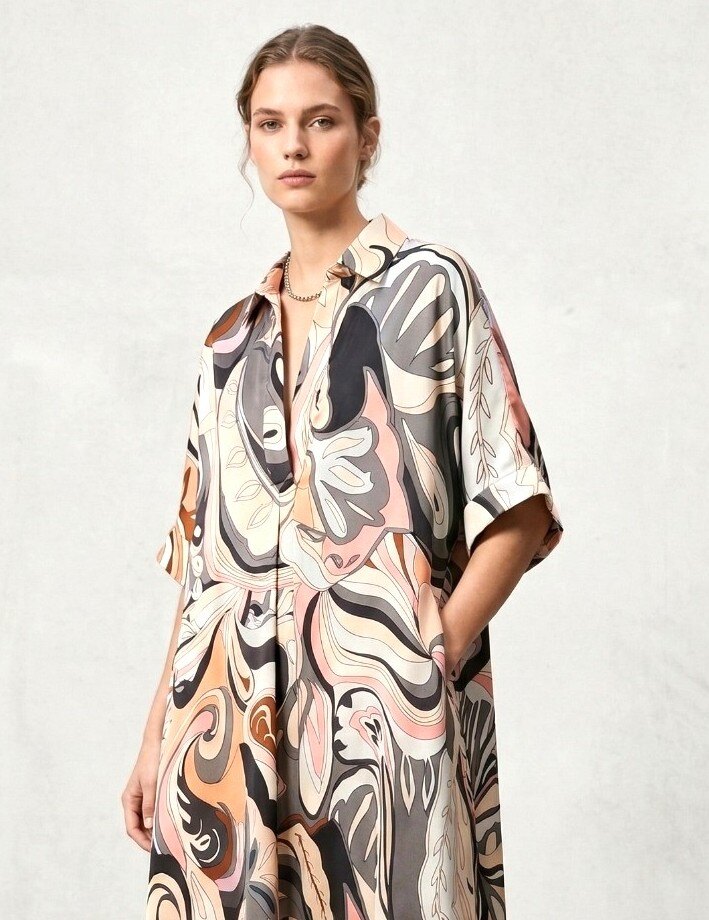 Abito a Camicia in Viscosa e Seta Stampata - Azzurro o Marrone