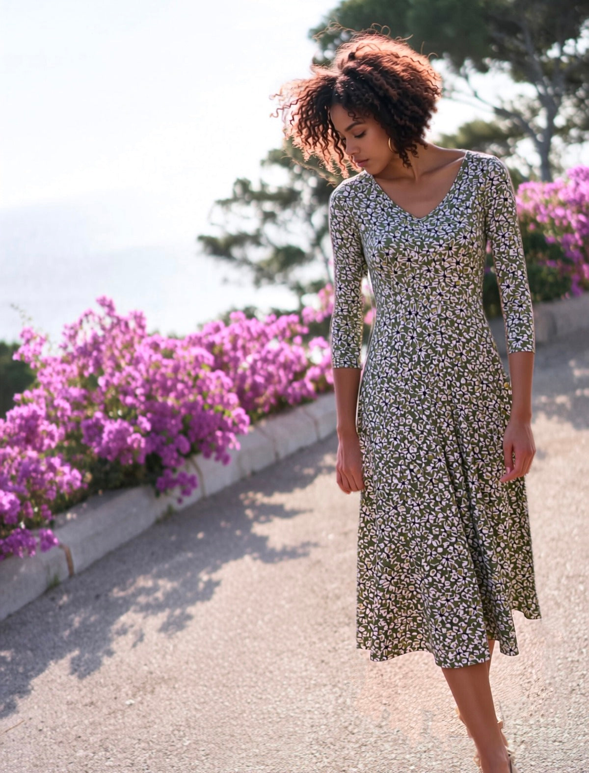 Abito in Jersey Midi con Maniche a Gomito - Verde Oliva