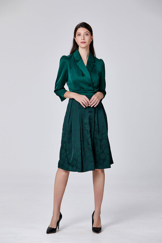 Abito con gonna morbida in broccato - Verde Abete