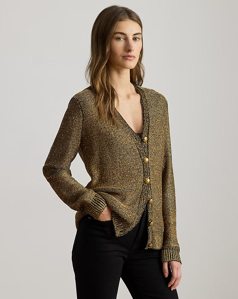 Cardigan in maglia oro con filamenti neri e bottoni dorati