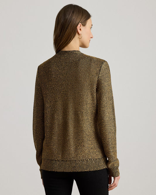 Cardigan in maglia oro con filamenti neri e bottoni dorati