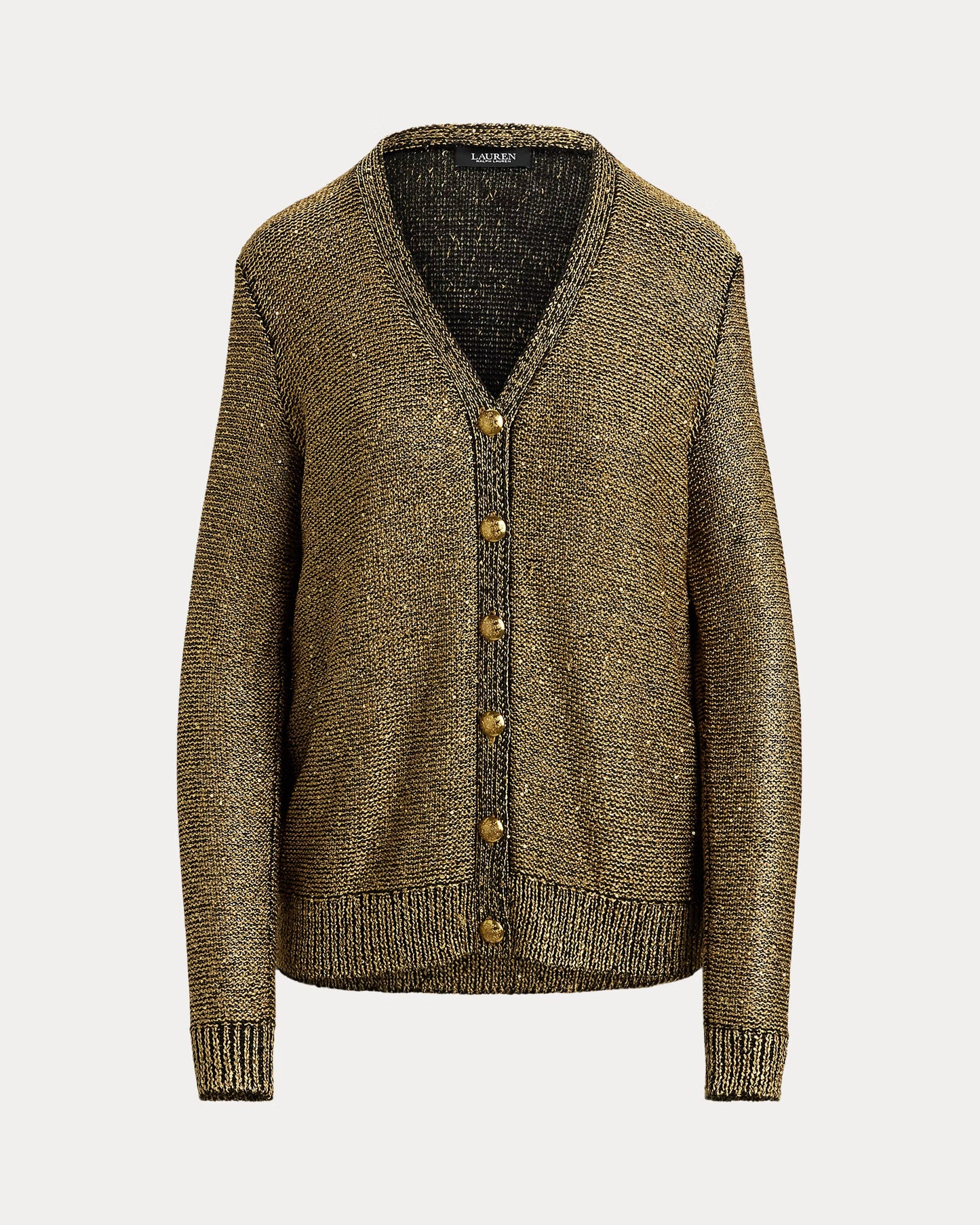 Cardigan in maglia oro con filamenti neri e bottoni dorati
