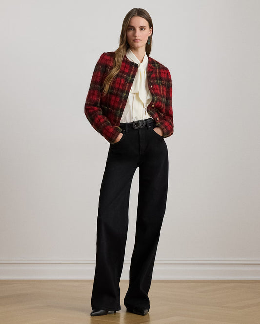 Giacca a girocollo scozzese in misto mohair