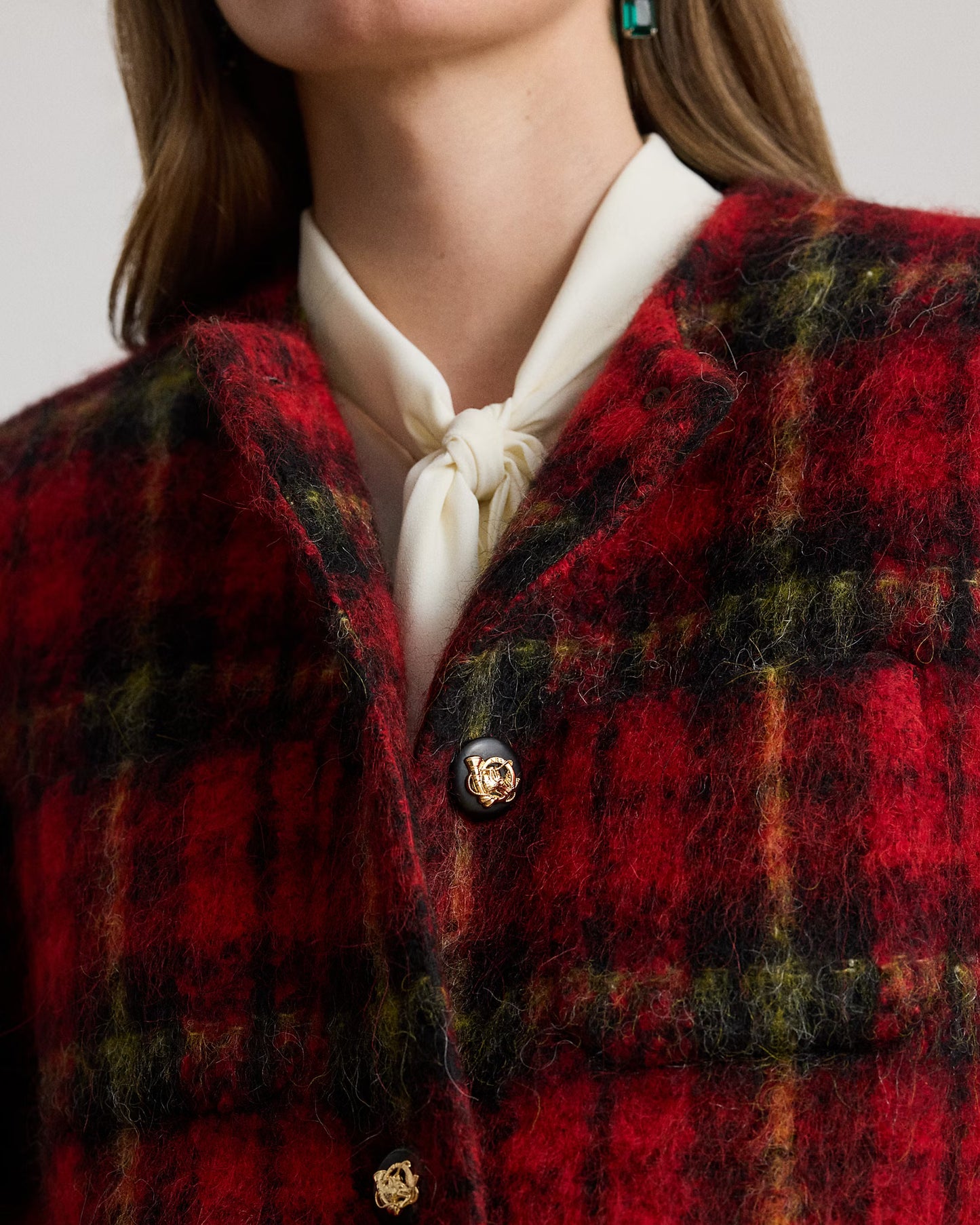 Giacca a girocollo scozzese in misto mohair