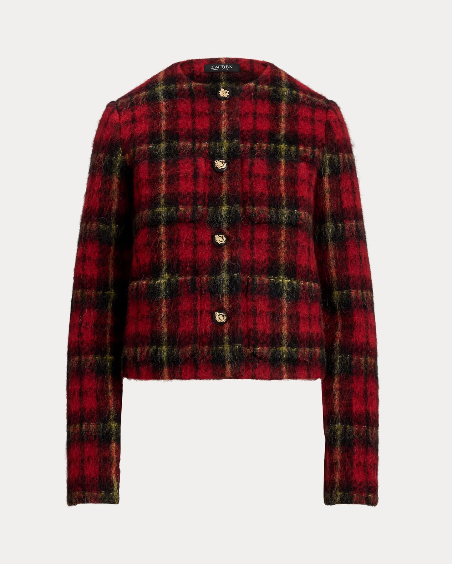 Giacca a girocollo scozzese in misto mohair