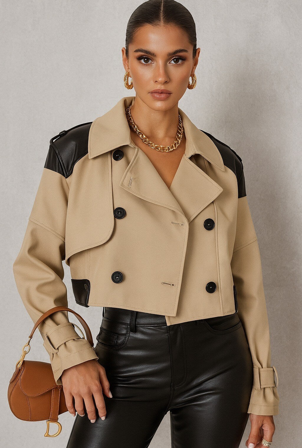 Trench Corto Con Inserti in Ecopelle