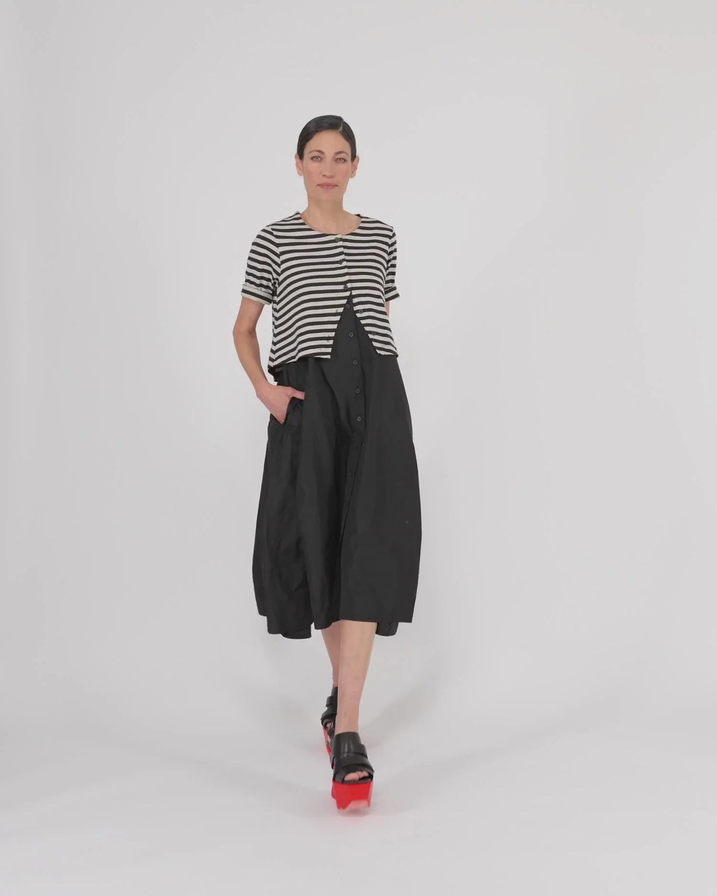 Abito in taffetà con giacchino a righe - Nero