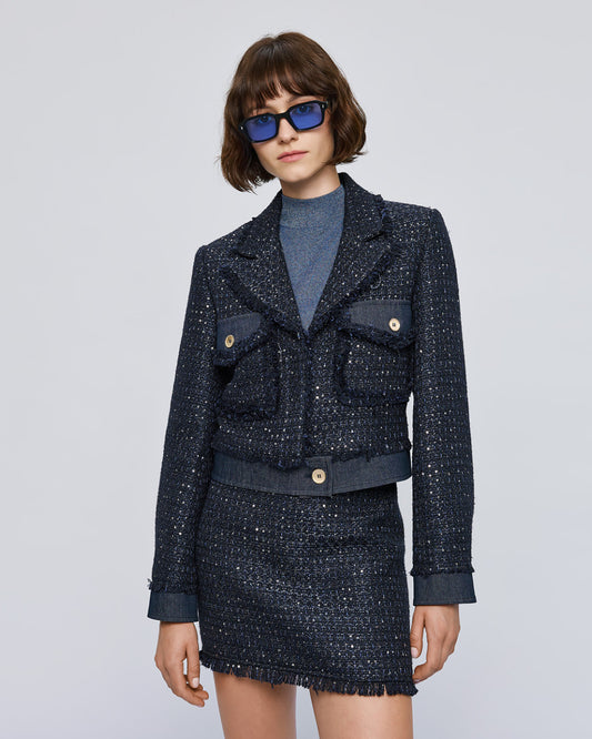 Giacca corta in tweed con dettagli in denim