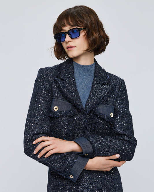 Giacca corta in tweed con dettagli in denim