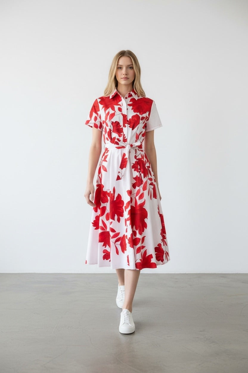 Abito in Cotone in Stampa Floreale  Rosso
