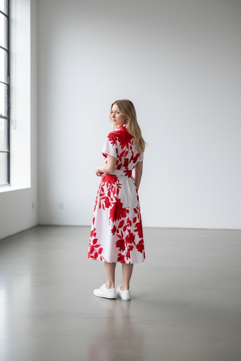 Abito in Cotone in Stampa Floreale  Rosso