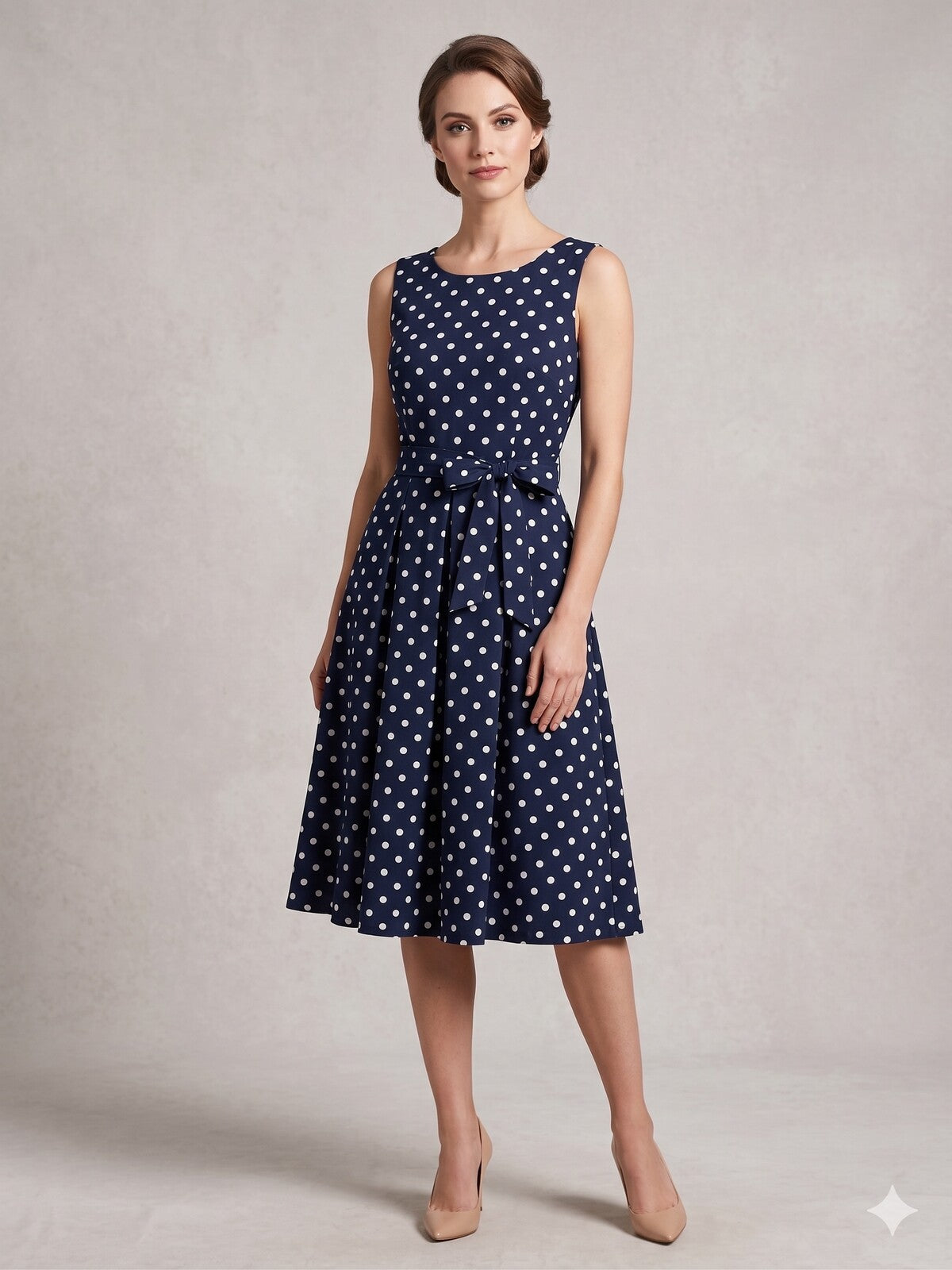 Abito Smanicato in Cotone a Pois - Blu o Marrone