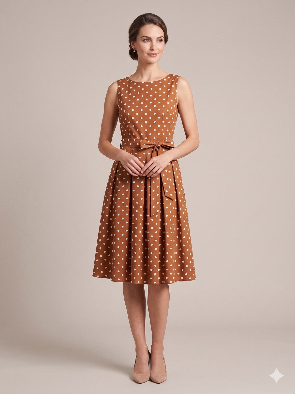 Abito Smanicato in Cotone a Pois - Blu o Marrone