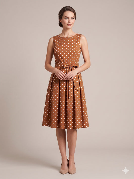 Abito Smanicato in Cotone a Pois - Blu o Marrone