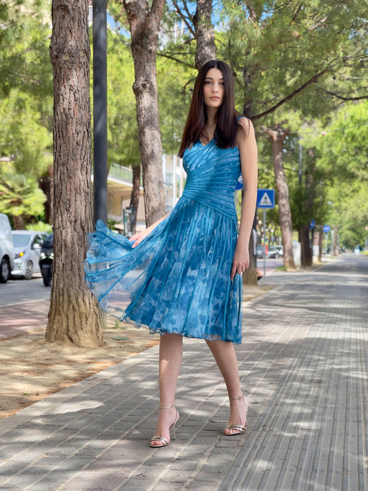 Abito azzurro giromanica in tulle e raso - Promulias