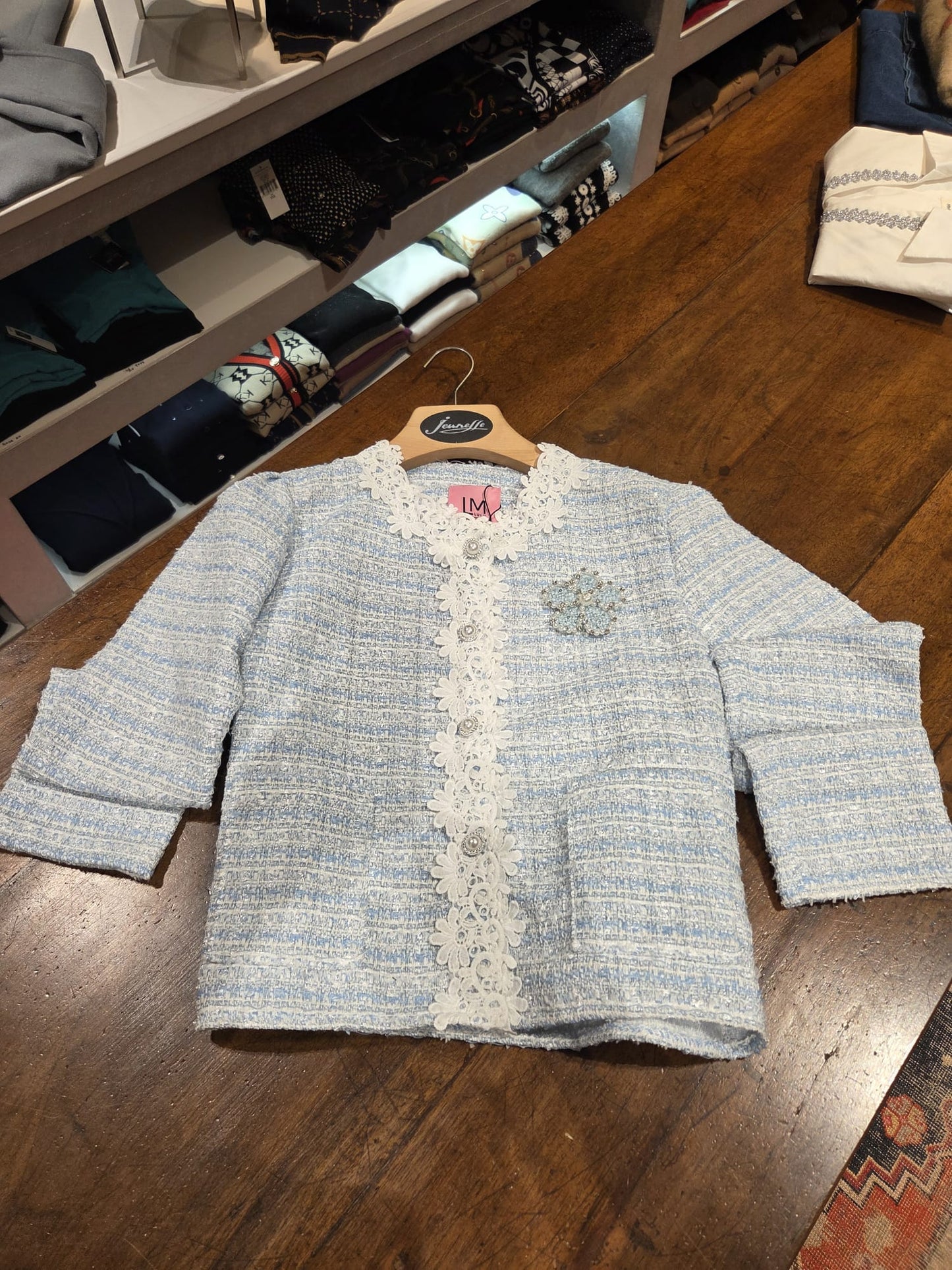 Tweed Jacket with Lace Trims - Black and White, White and Light Blue