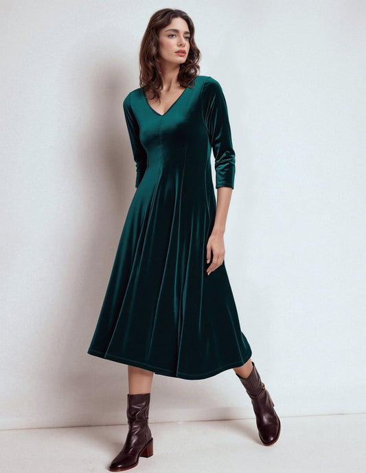 Abito midi svasato in velluto liscio -  Verde Abete, Bordeaux o Marrone