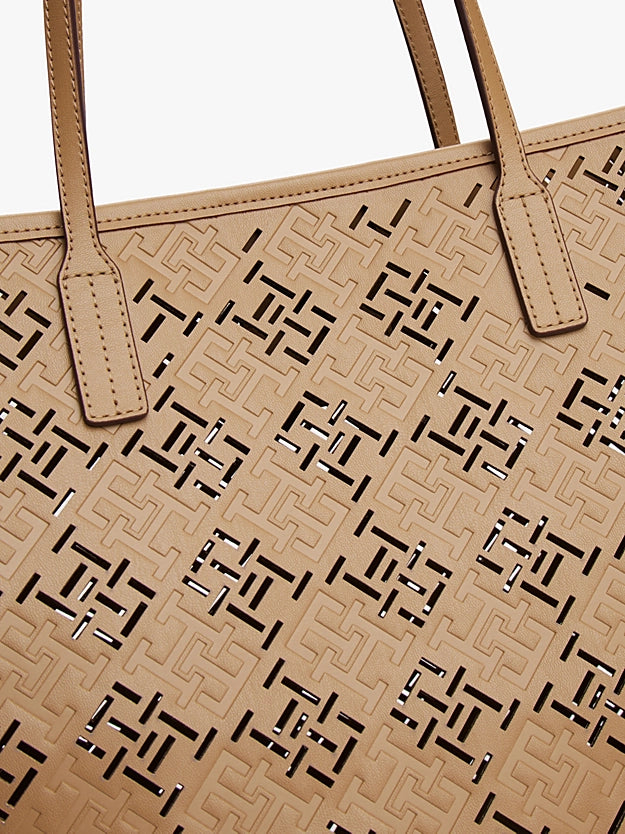 Borsa Tote City cammello con monogrammi traforati TH