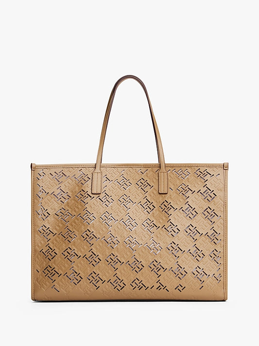 Borsa Tote City cammello con monogrammi traforati TH