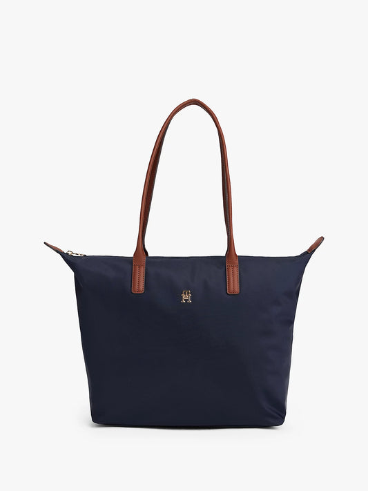Borsa tote media blu in canvas con manici in pelle