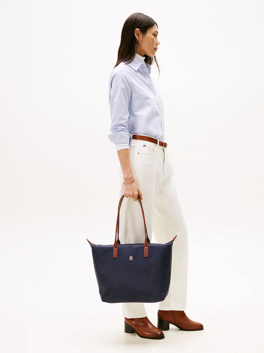Borsa tote media blu in canvas con manici in pelle