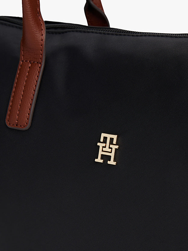 Borsa tote media nera in canvas con manici in pelle