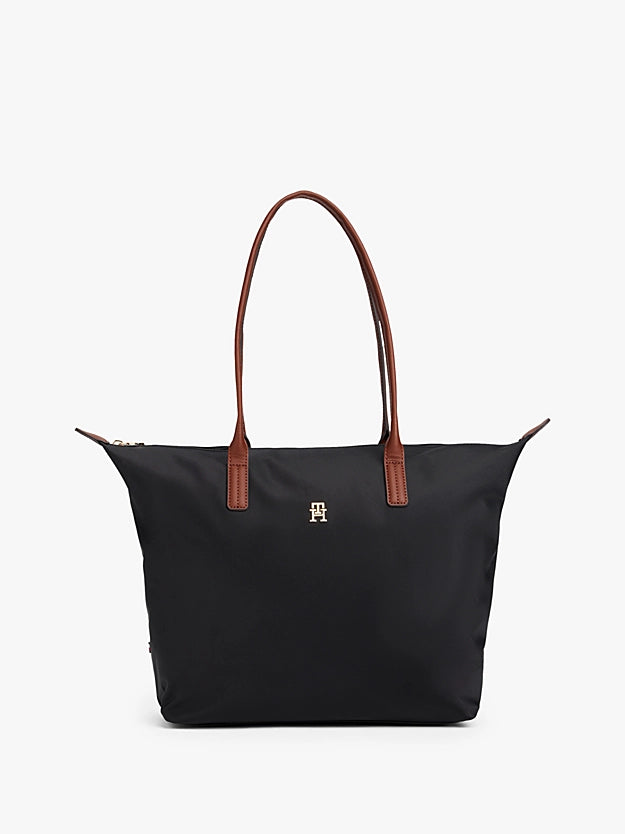 Borsa tote media nera in canvas con manici in pelle