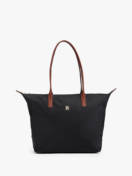 Borsa tote media nera in canvas con manici in pelle