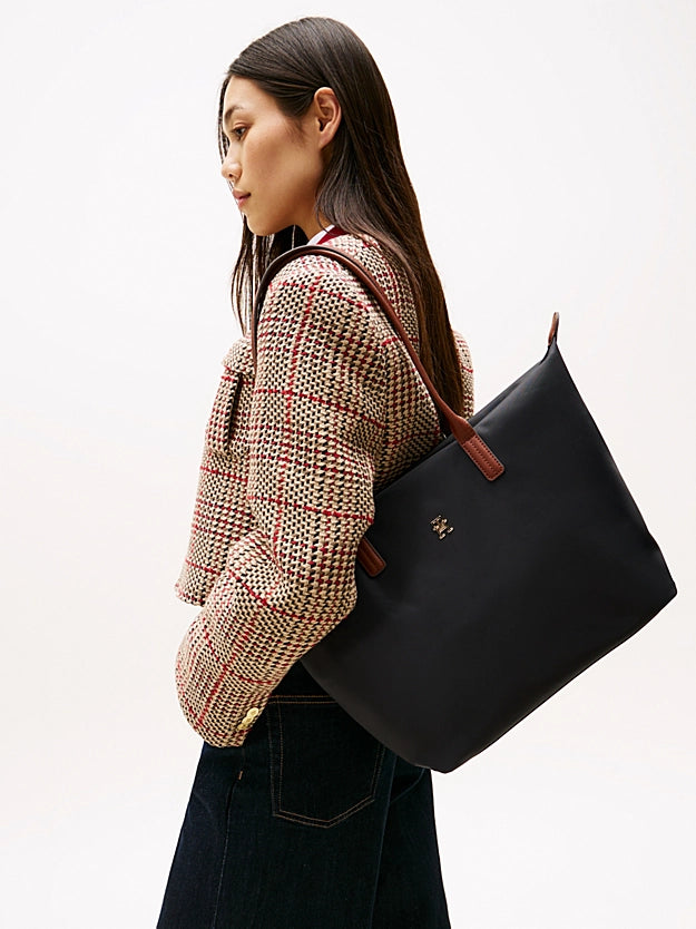 Borsa tote media nera in canvas con manici in pelle