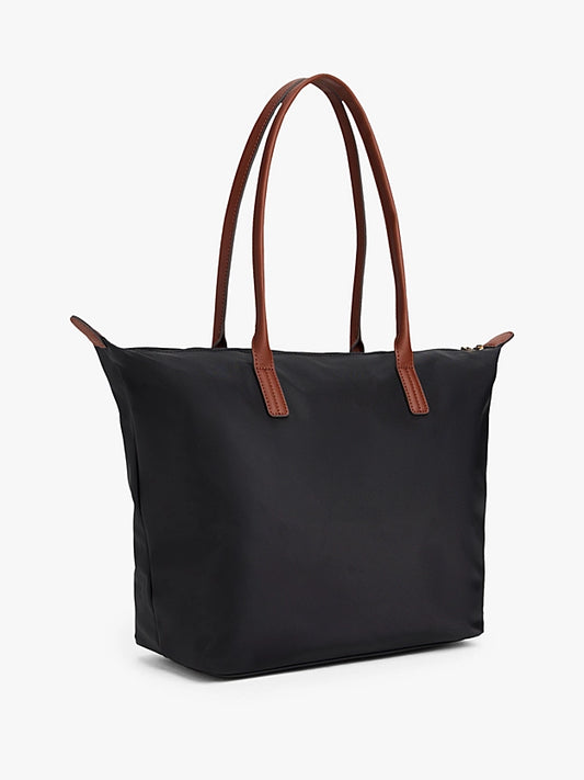 Borsa tote media nera in canvas con manici in pelle