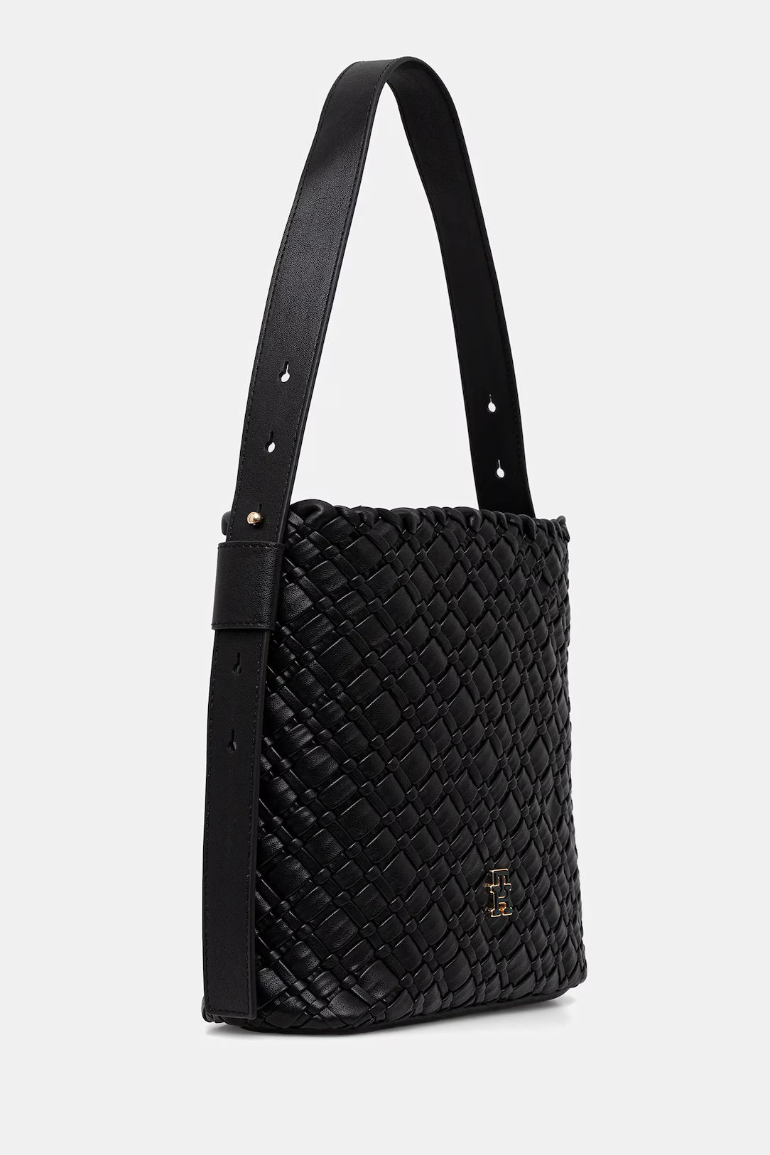 Borsa Piccola a Secchiello in Pelle Vegana Intrecciata e Tracolla Regolabile. Cammello o Nera