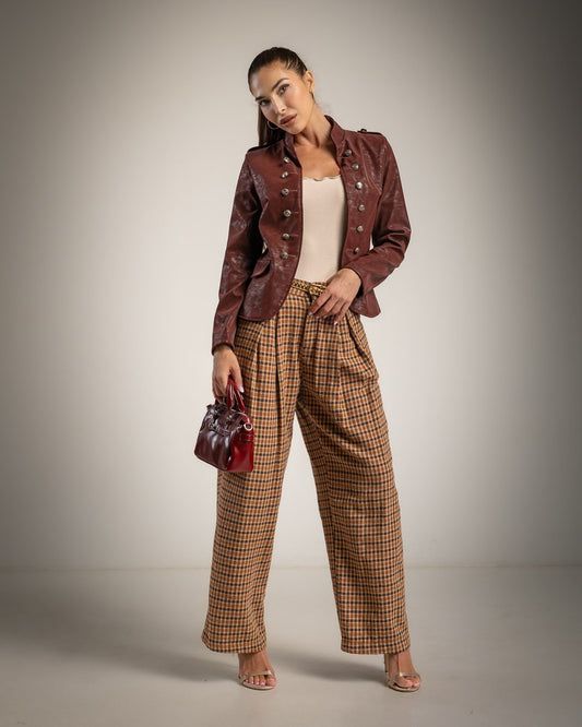 Giacca Stile Militare in Ecopelle Bordeaux con Bottoni Araldici