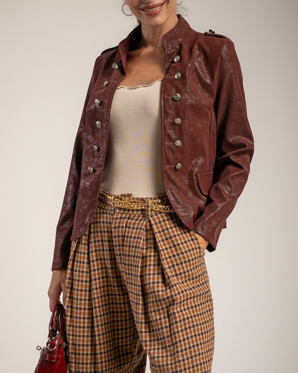 Giacca Stile Militare in Ecopelle Bordeaux con Bottoni Araldici