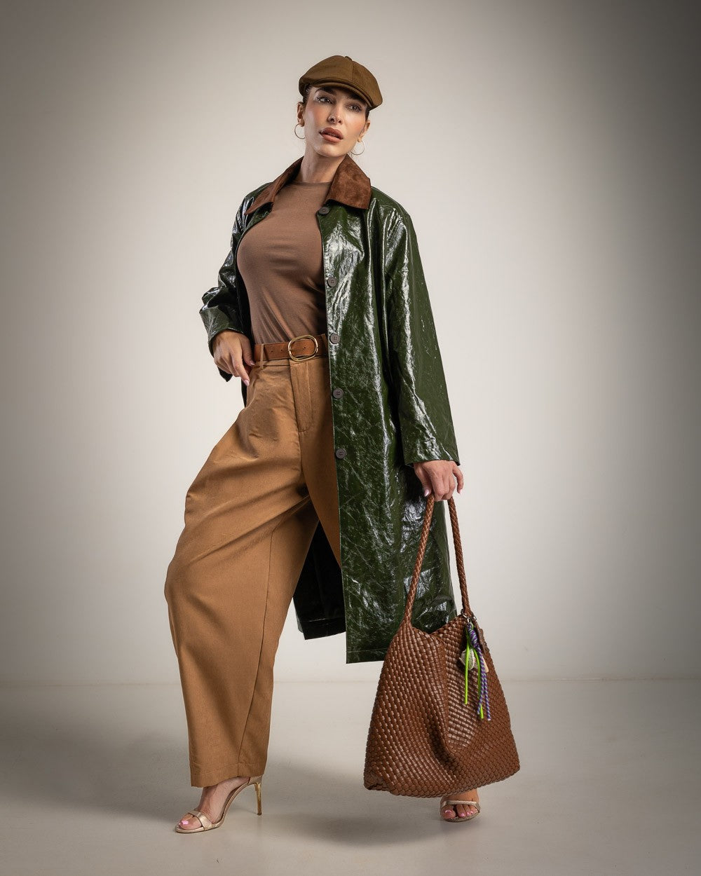 Trench Lucido Stampa Coccodrillo con Colletto Scamosciato - Verde, Cioccolato