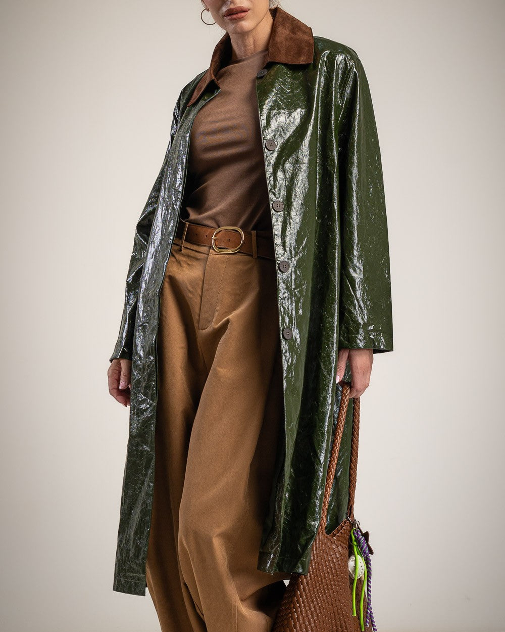 Trench Lucido Stampa Coccodrillo con Colletto Scamosciato - Verde, Cioccolato