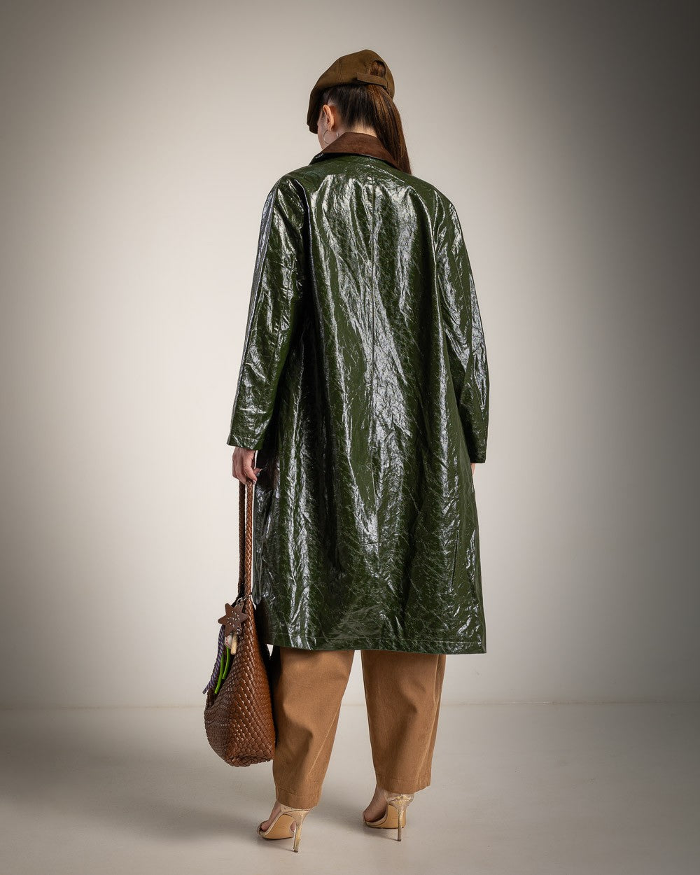Trench Lucido Stampa Coccodrillo con Colletto Scamosciato - Verde, Cioccolato