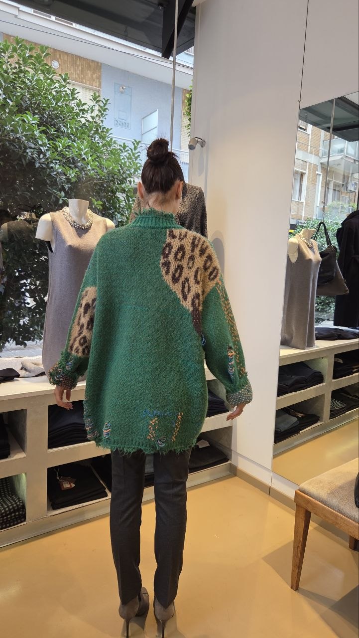 Cardigan in Maglia Patchwork Oversize - Verde, Marrone