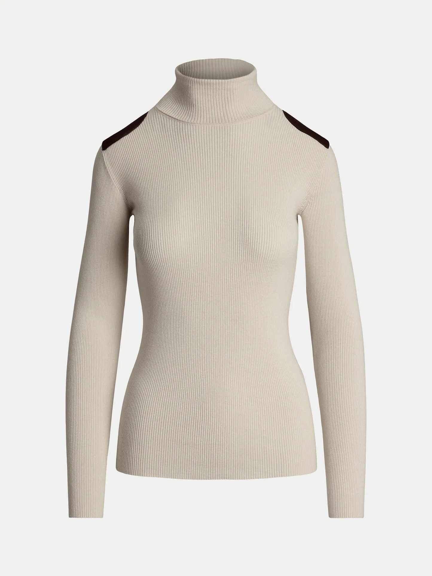 Turtleneck sweater with faux leather flaps. Camel