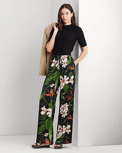 Pantaloni in raso a gamba larga in stampa tropicale