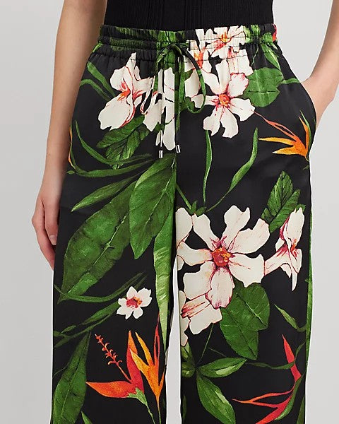 Pantaloni in raso a gamba larga in stampa tropicale