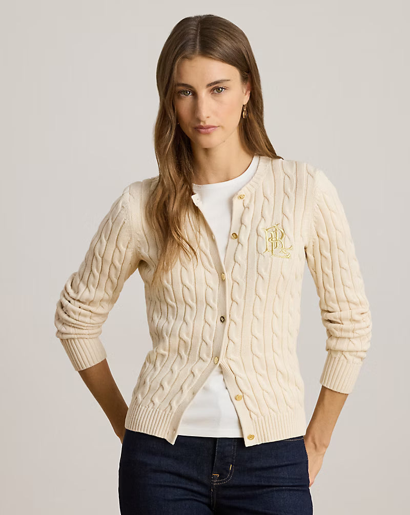 Cardigan in maglia di cotone a treccia con stemma - Blu, Panna, Rosso, Nero