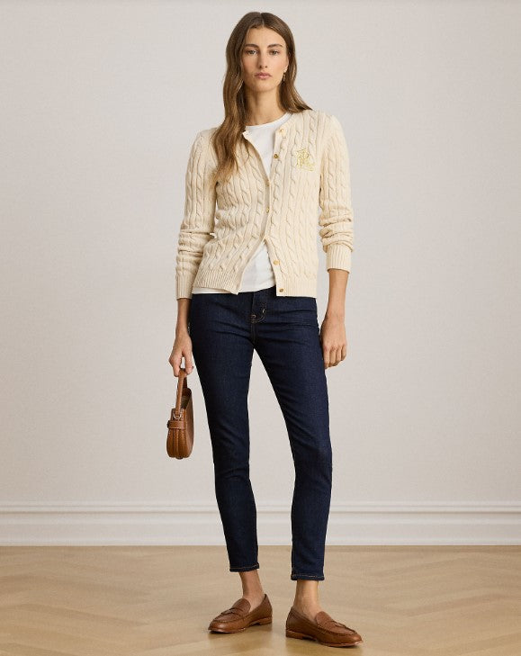 Cardigan in maglia di cotone a treccia con stemma - Blu, Panna, Rosso, Nero