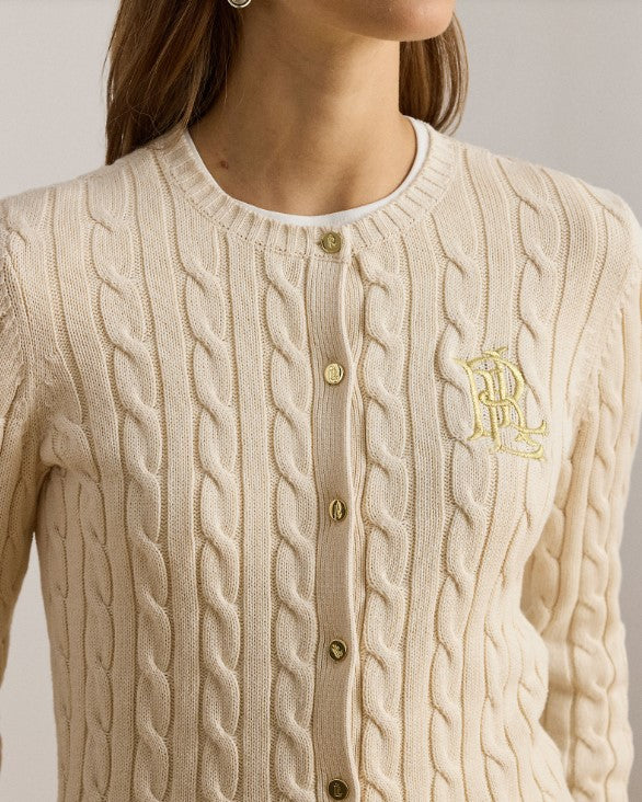 Cardigan in maglia di cotone a treccia con stemma - Blu, Panna, Rosso, Nero