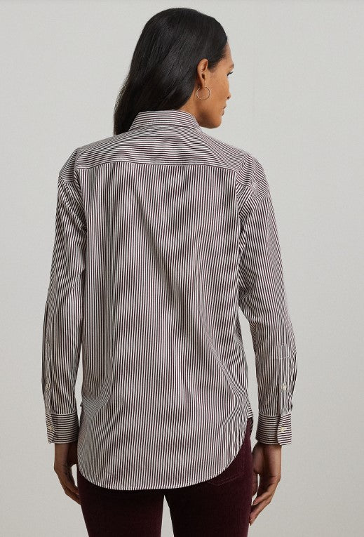 Camicia in popeline di cotone a righe bianca e bordeaux dal taglio comodo