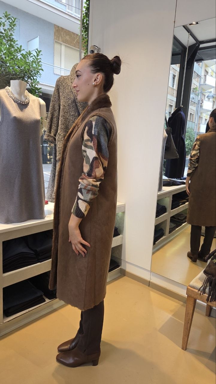 Gilet Lungo Reversibile in Finto Visone - Avorio