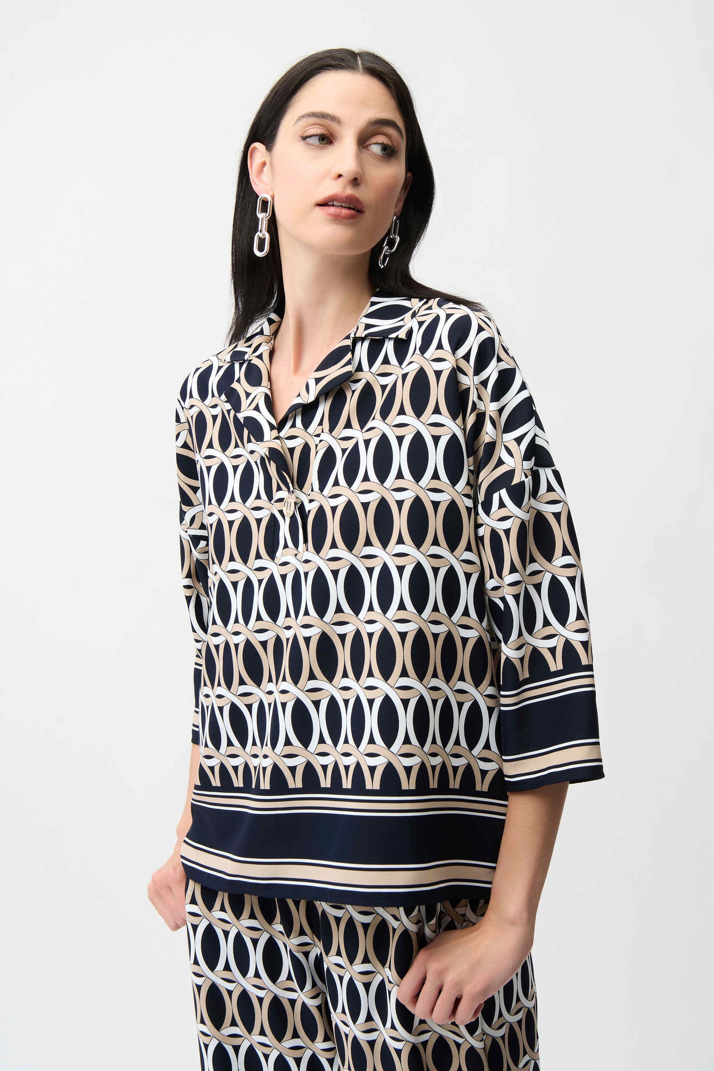 Blusa in Stampa Geometrica Blu con Maniche a Gomito
