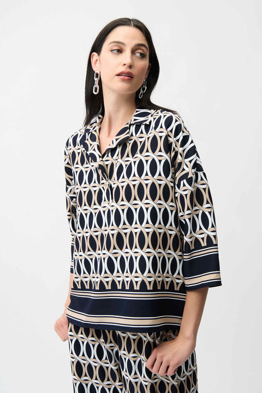 Blusa in Stampa Geometrica Blu con Maniche a Gomito