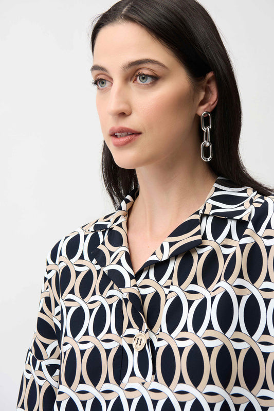 Blusa in Stampa Geometrica Blu con Maniche a Gomito