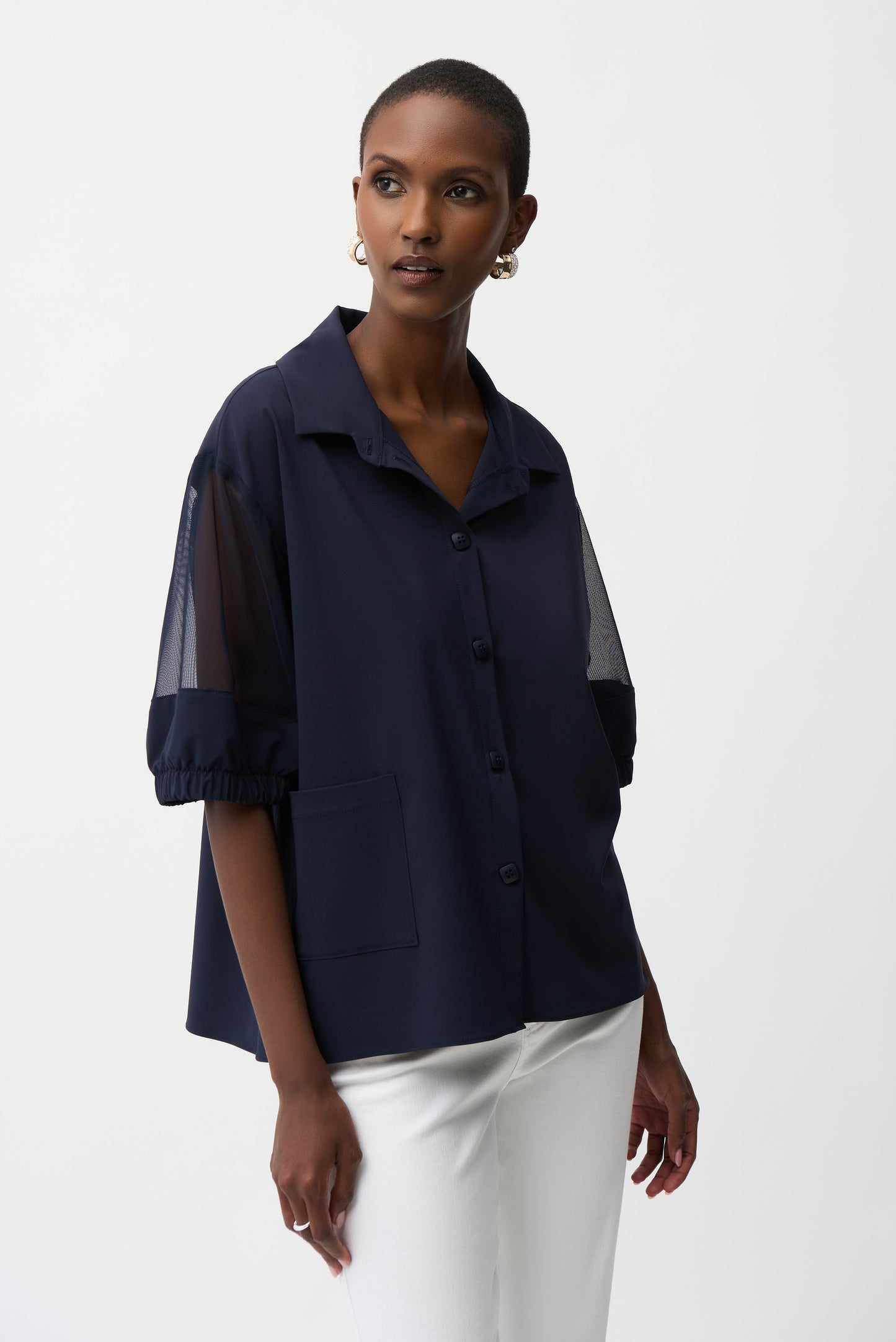 Blusa a sacchetto in popeline elasticizzato e tulle